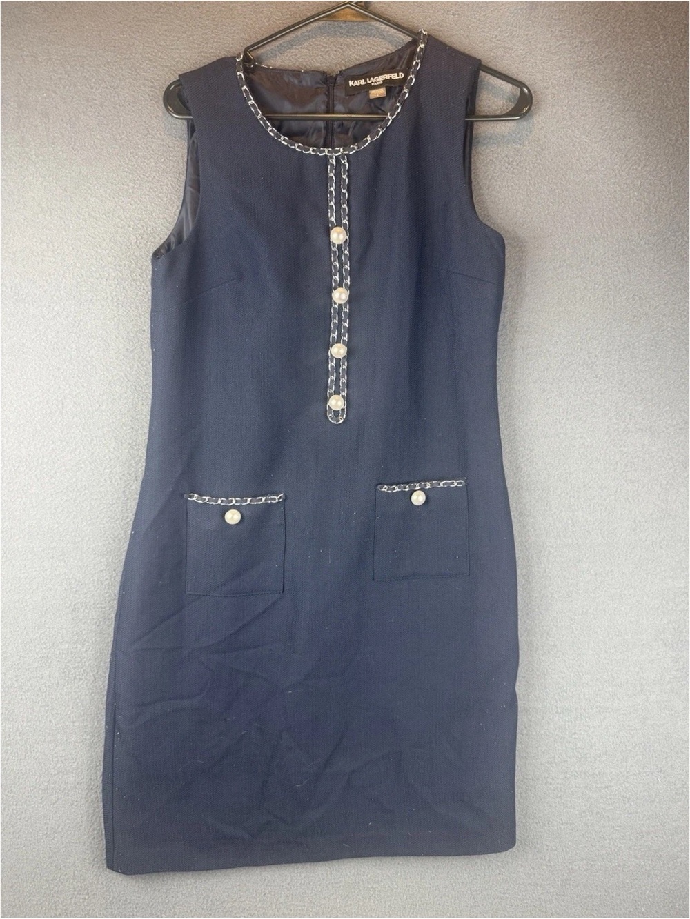 Karl Lagerfeld Sleeveless Navy Shift Dress with Chain Trim
